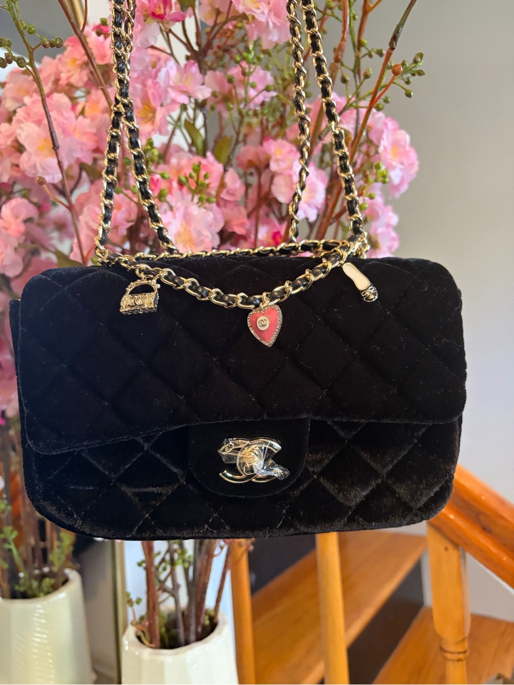 Rare Designer VIP Black Velvet Quilted Charm Flap Bag